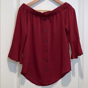 Off the shoulder 3/4 length ruffle sleeve blouse